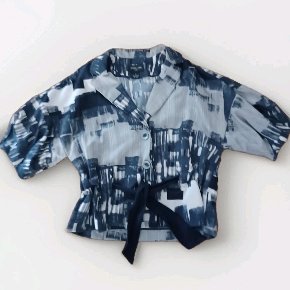 VTG Focus 2000 Women Top Blouse Size 12P‎ Graphic Art Y2K Navy Puff Sleeve 90s
